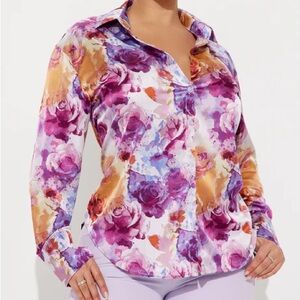 FASHION NOVA “Charming Bouquet Satin Shirt”